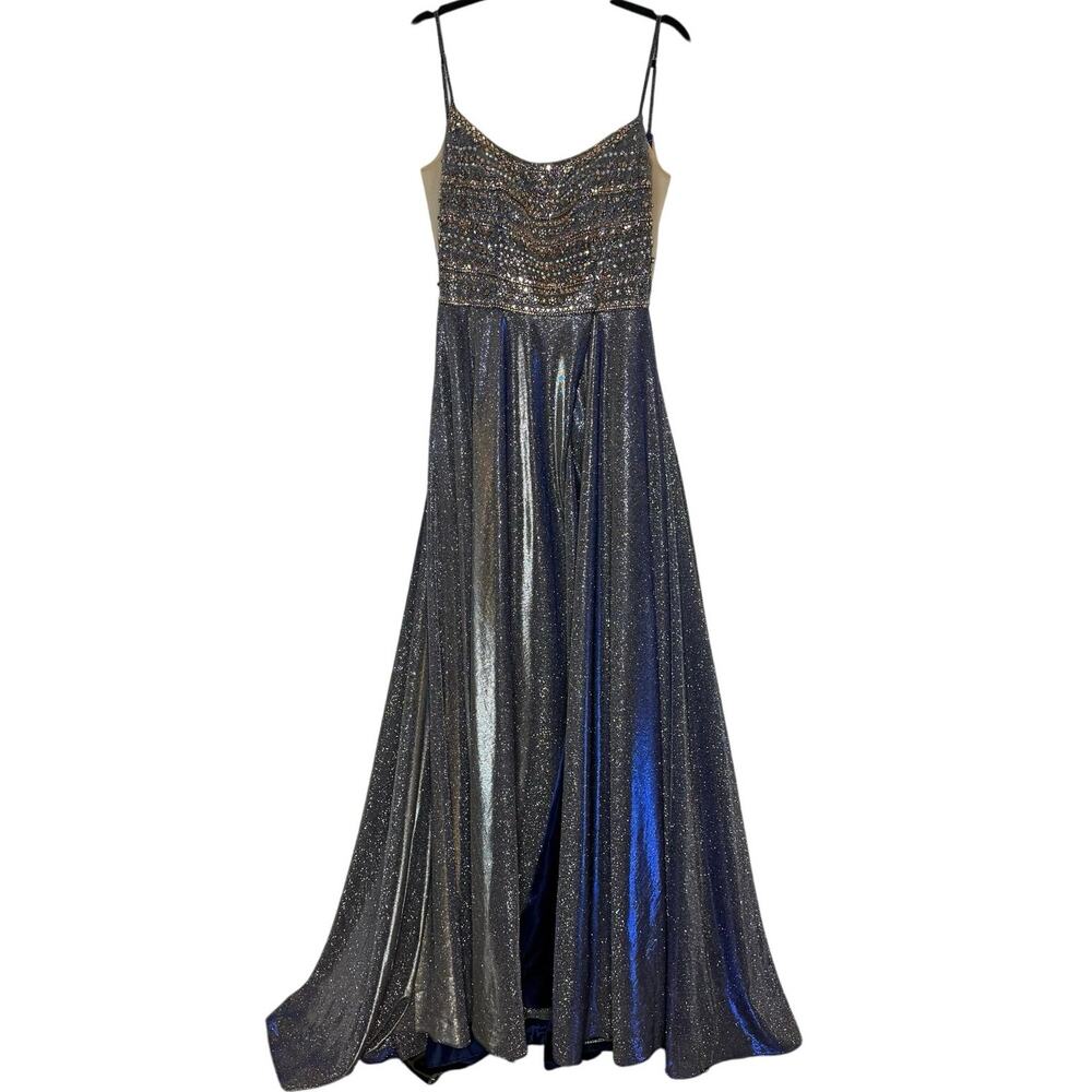 Ellie Wilde Mon Cheri Blue Liquid Formal Gown Size 6